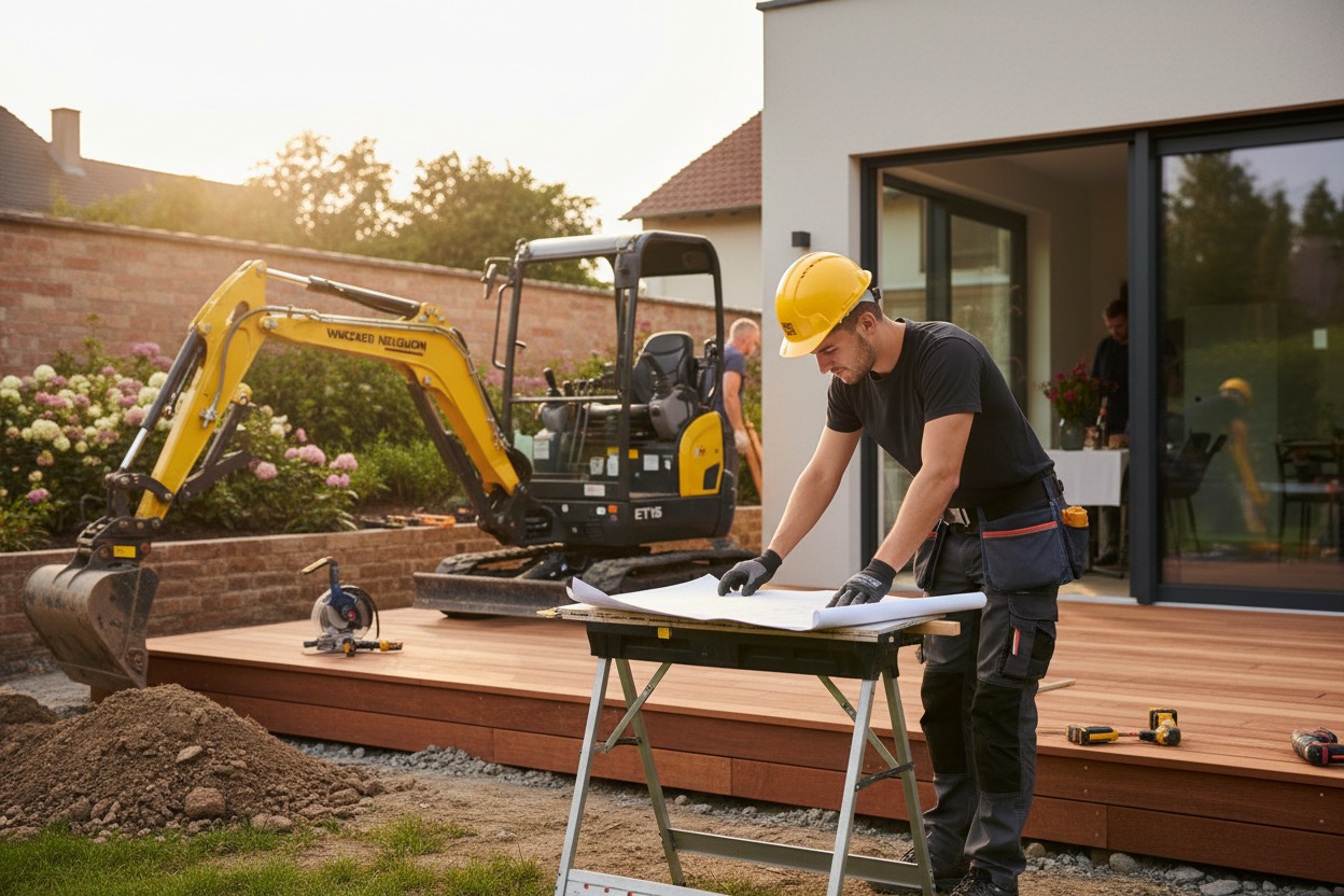 Ein Bauarbeiter mit gelbem Schutzhelm steht auf einer gepflasterten Terrasse im Garten und betrachtet einen Bauplan, während neben ihm ein kleiner gelber Bagger steht.